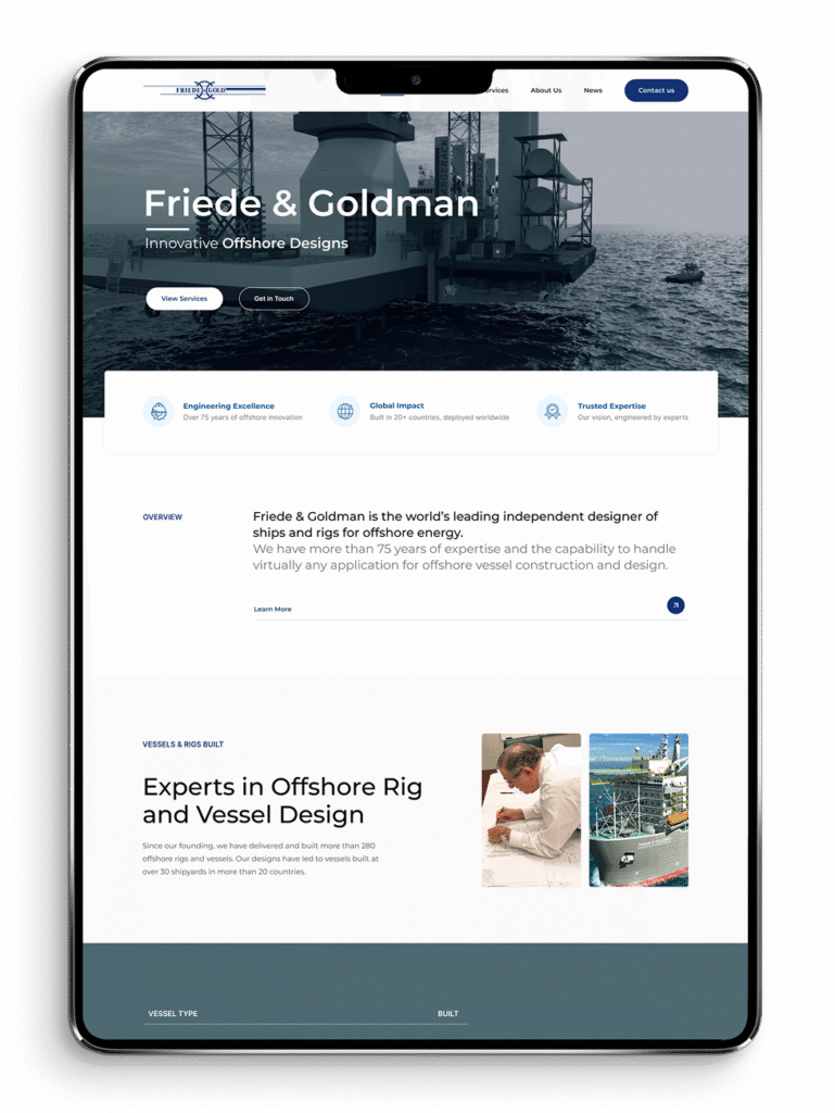 Friede & Goldman website mockup tablet